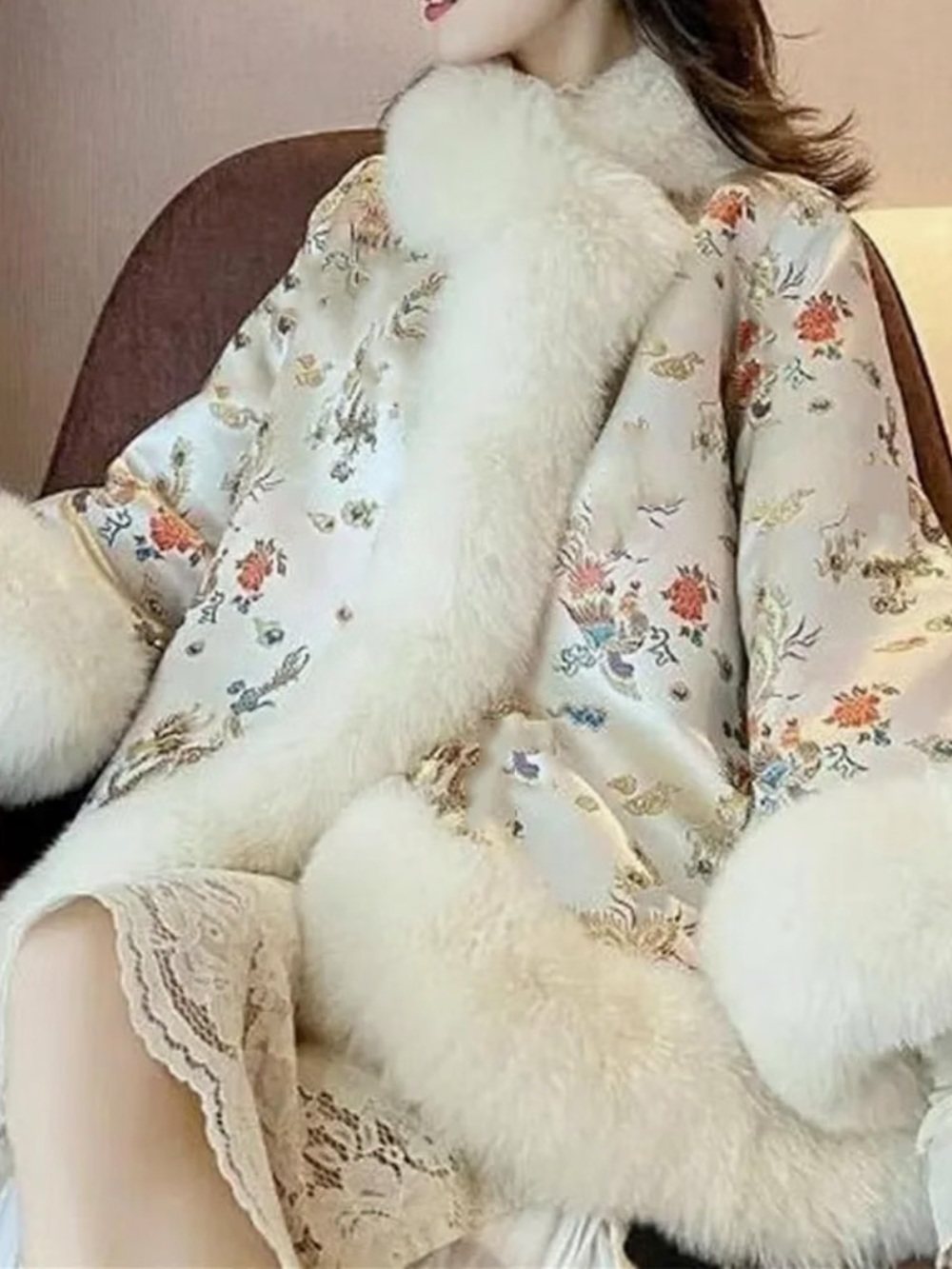 Chinese Botanical Faux Fur Coat - Picture 2 of 4